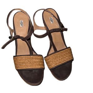 Ugg Brown Leather and Straw Wedge Sandals Size 8.5